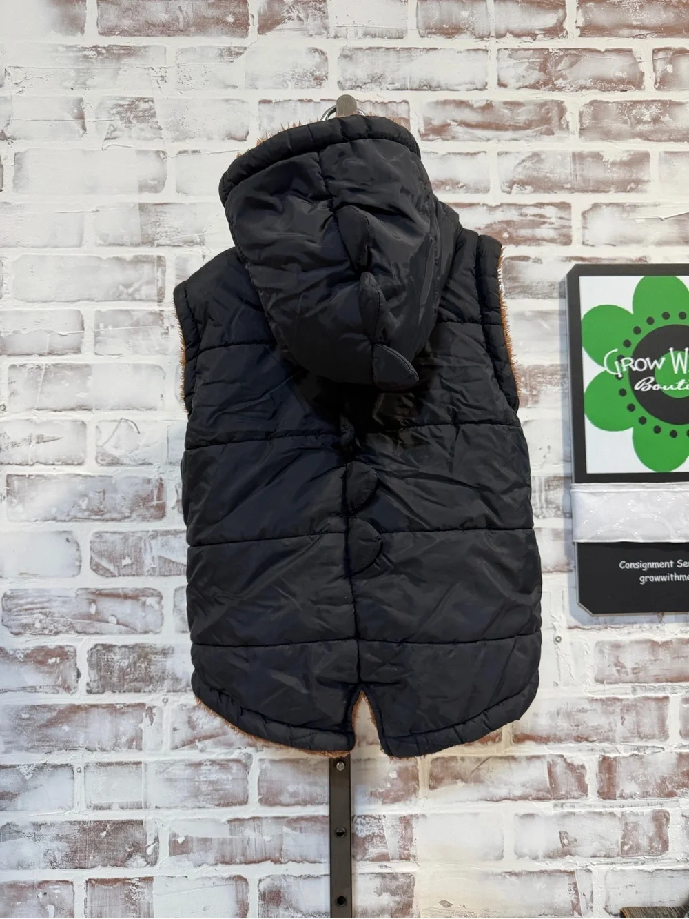 Black dinosaur Puffer Vest with Faux Fur Trim